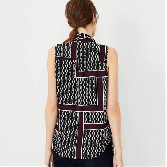 Ann Taylor SP Burgundy Black Ivory White Chainlink Sleeveless Shell Tie Blouse - Picture 3 of 13